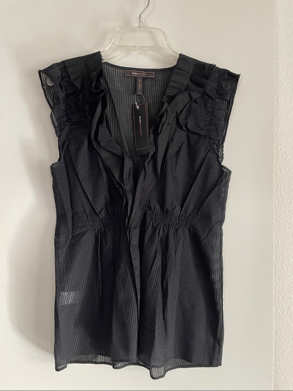 BCBG Pure Cotton Black Sleeveless V Neck Top Blouse Shirt Semi Sheer nwt